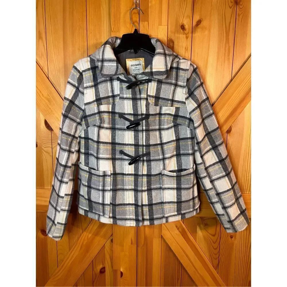 Old Navy Wool Blend Coat Womens Size Medium Gray Yellow Plaid Flannel Hood Pocke